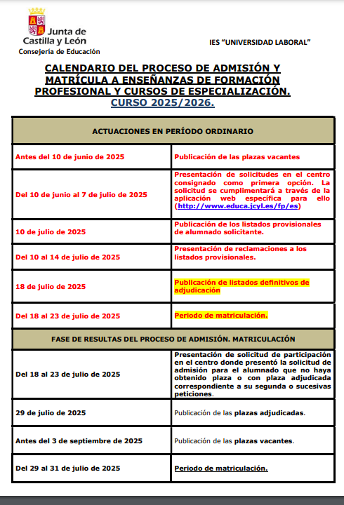 Calendario admisión profesional 2025